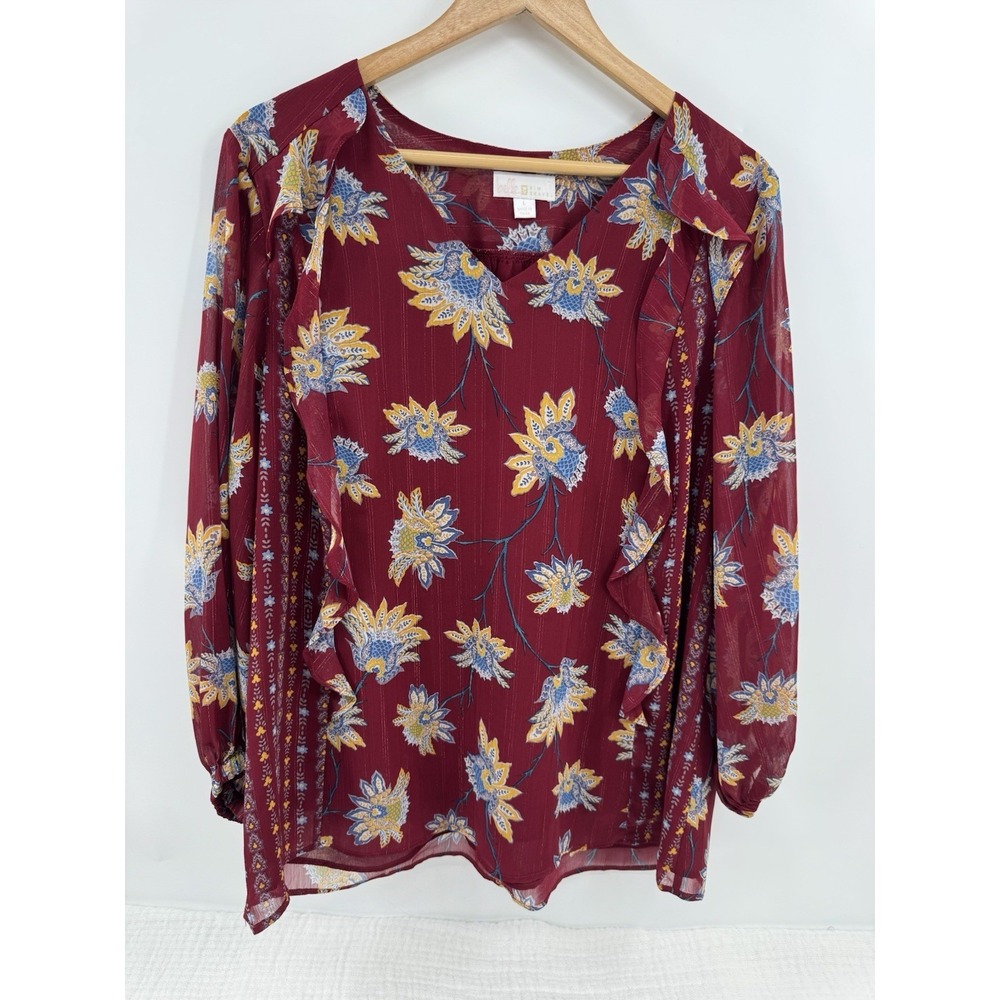 Belle by Kim Gravel Popover Chiffon Boho Top Burgundy Blouson Sleeves Size Large